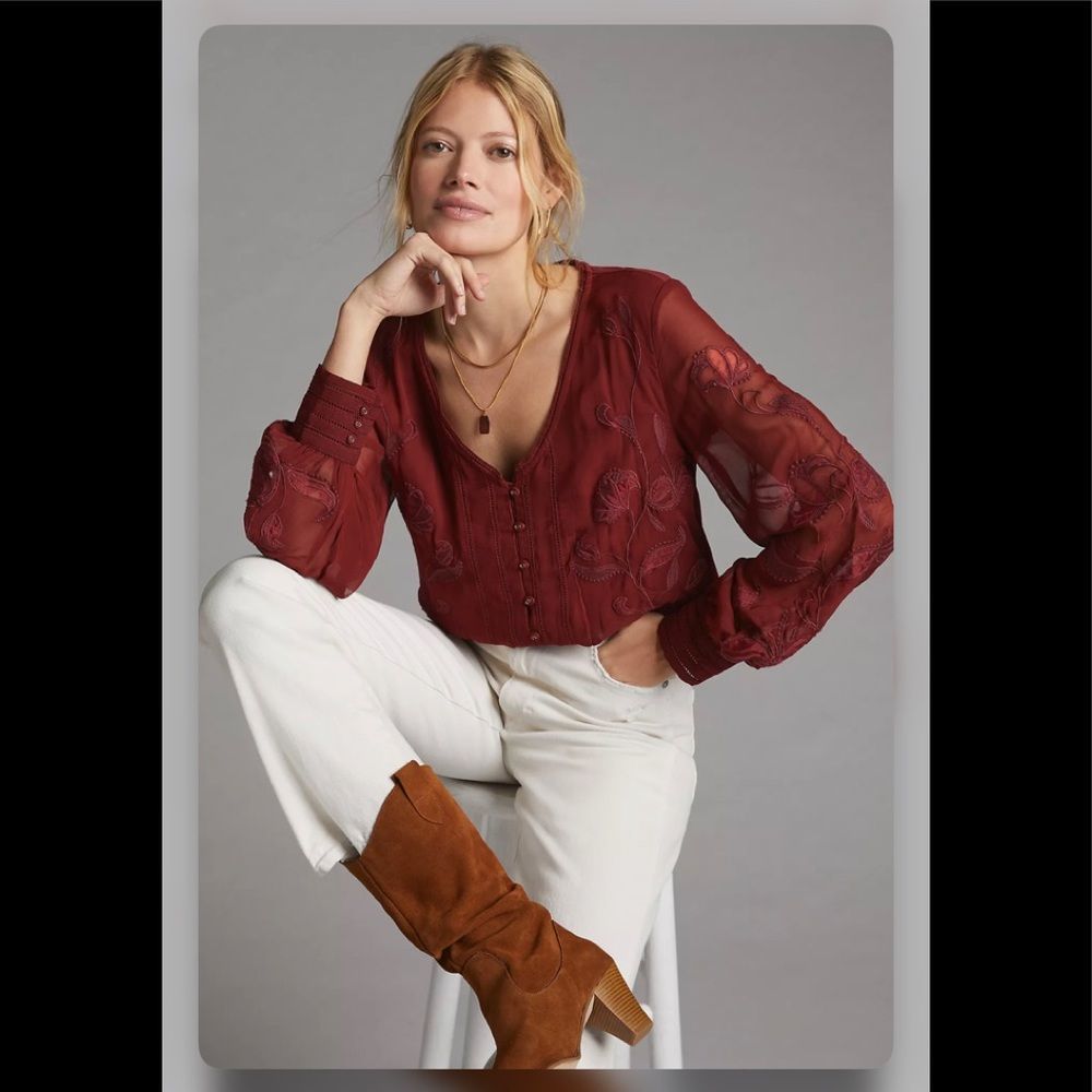 Anthropologie Embroidered Floral Button down Top  Small